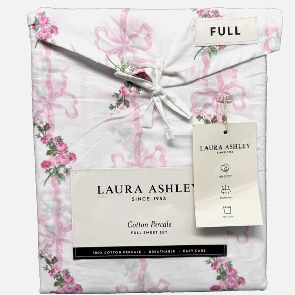 4pc Laura Ashley FULL Sheet Set FLORAL RIBBON STRIPE Bows Pink Roses Cottage NEW - Picture 1 of 9